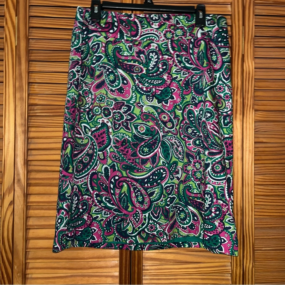 Talbots Green Pink Paisley Print Size 10 Cotton Skirt